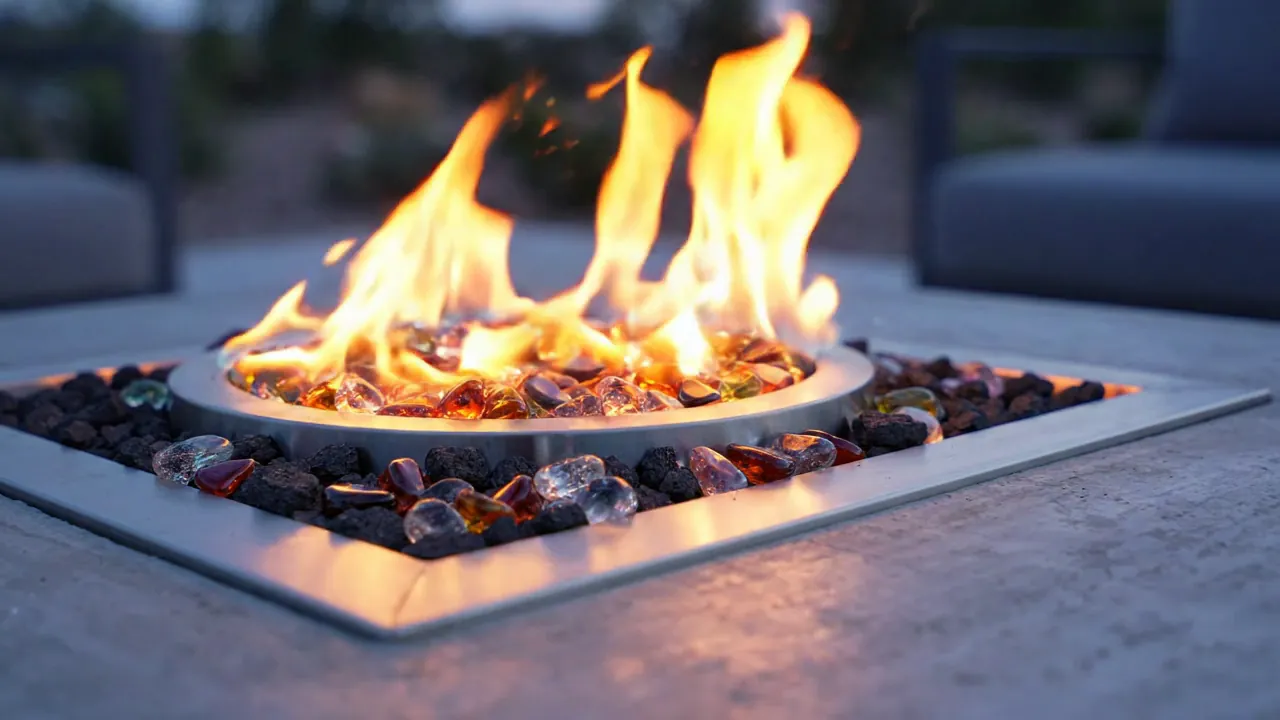 Custom outdoor fire feature with reflective fire glass