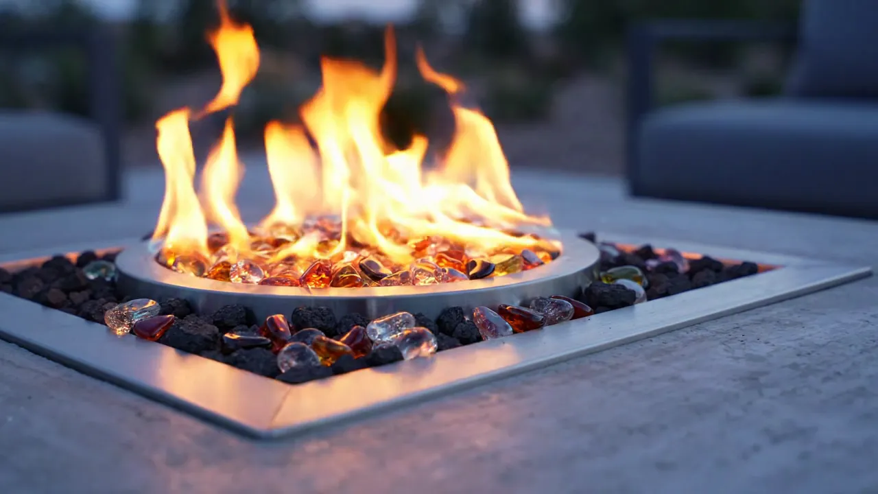 Close-up of fire glass on a custom burner