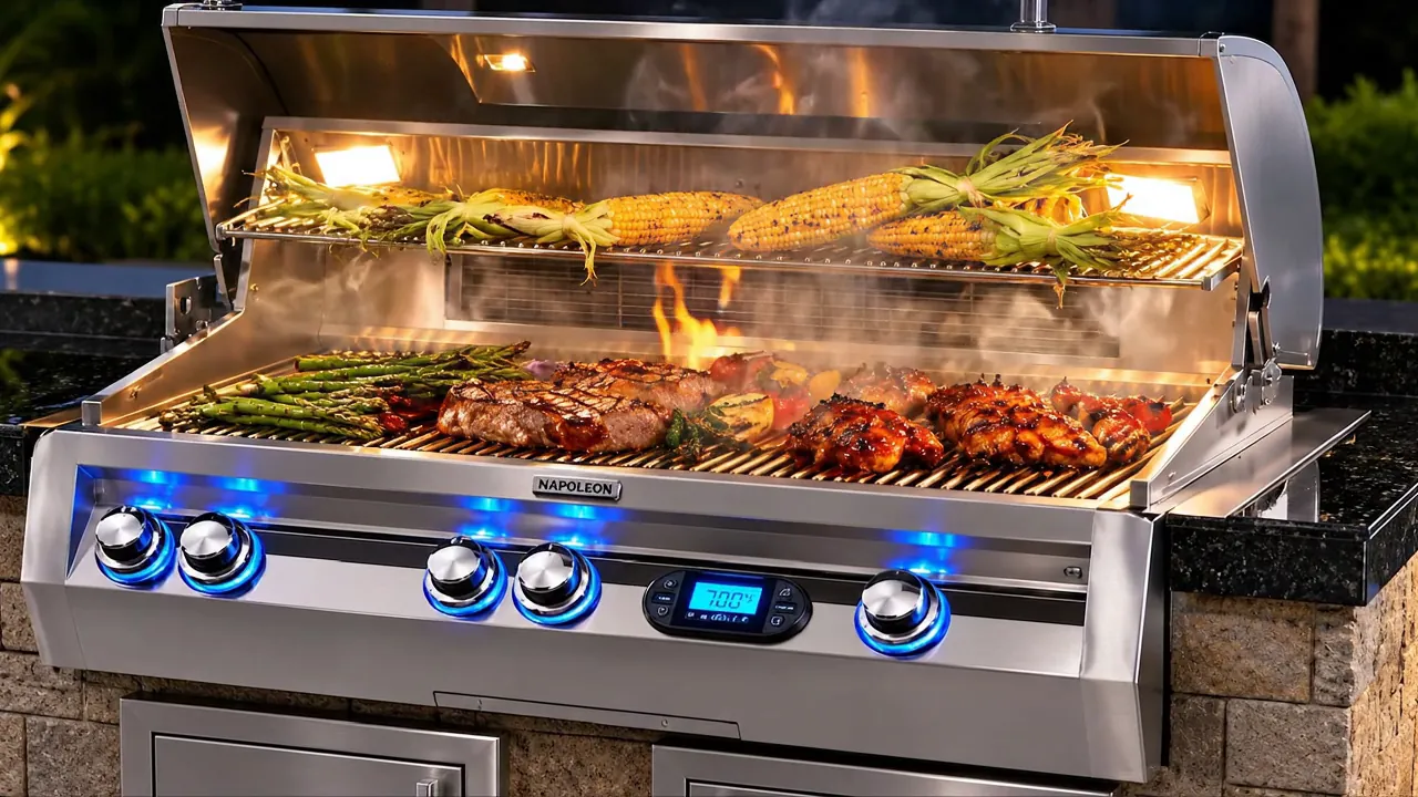 Built-in stainless grill cooking in an outdoor kitchen