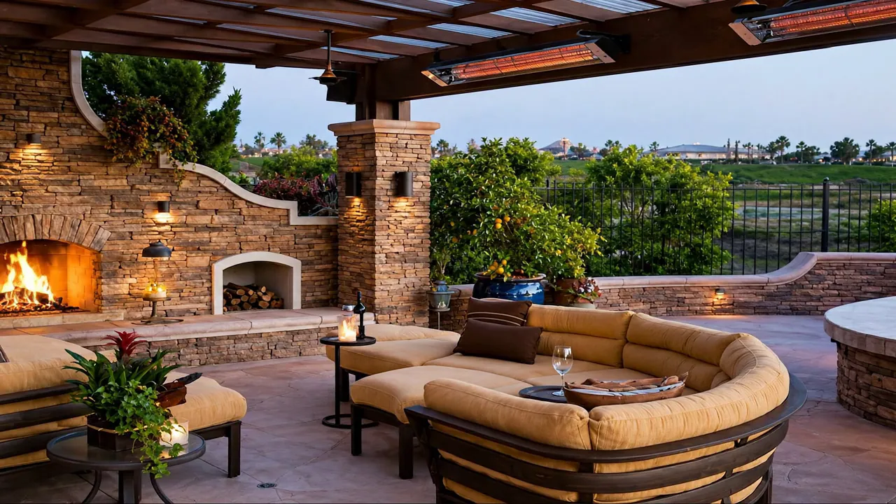 Covered patio with stone fireplace and mounted patio heaters