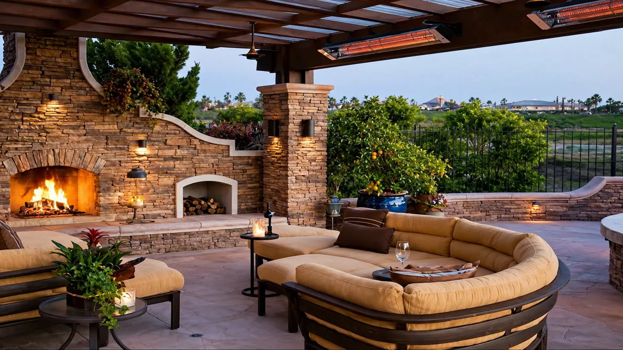 Mounted infrared patio heaters over an outdoor lounge