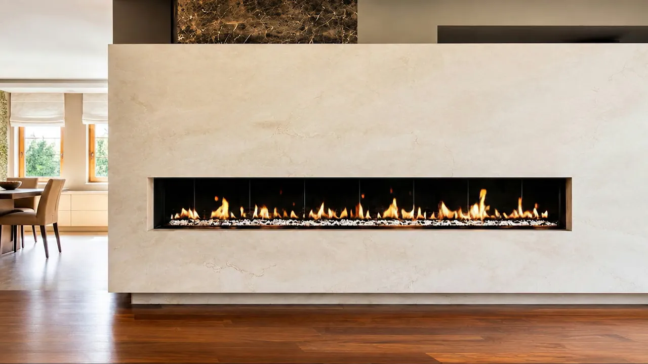 Linear indoor gas fireplace in a modern Arizona living room