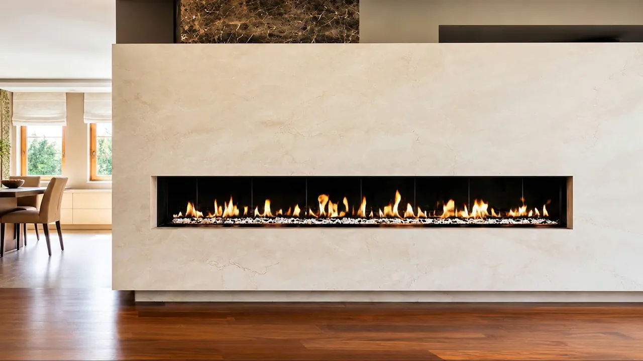 Wide linear indoor fireplace with limestone surround