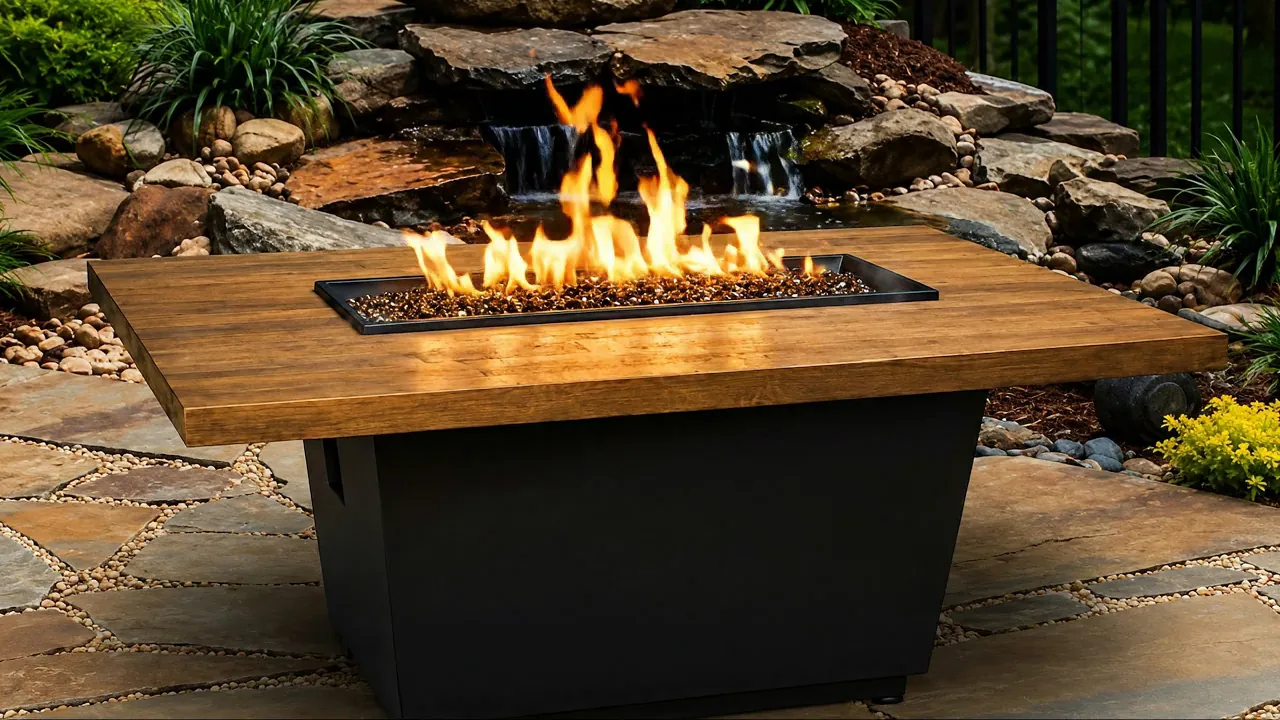 Outdoor gas fire table on a flagstone patio