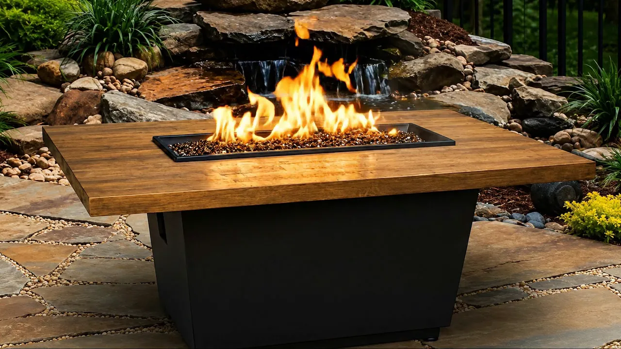 Rectangular gas fire pit table at twilight